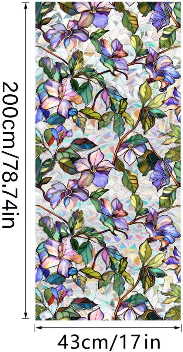 Purple Flower Stained Glass Window Film, Rainbow Floral Static Cling Privacy Film, UV Protection Removable Decal Sticker for Bathroom Bedroom Living Room Sunroof, 17 x 78.74 Inch