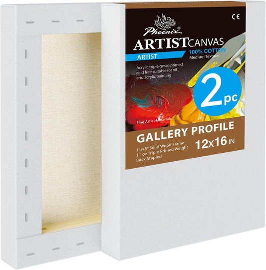 PHOENIX 12x16 Inch 2 Pack Gallery Canvas - 1.5 in Thick Canvases for Painting - Deep Edge 100% Cotton 11 Oz. Gesso Primed White Blank Professional Canvas Oil & Acrylic Paints