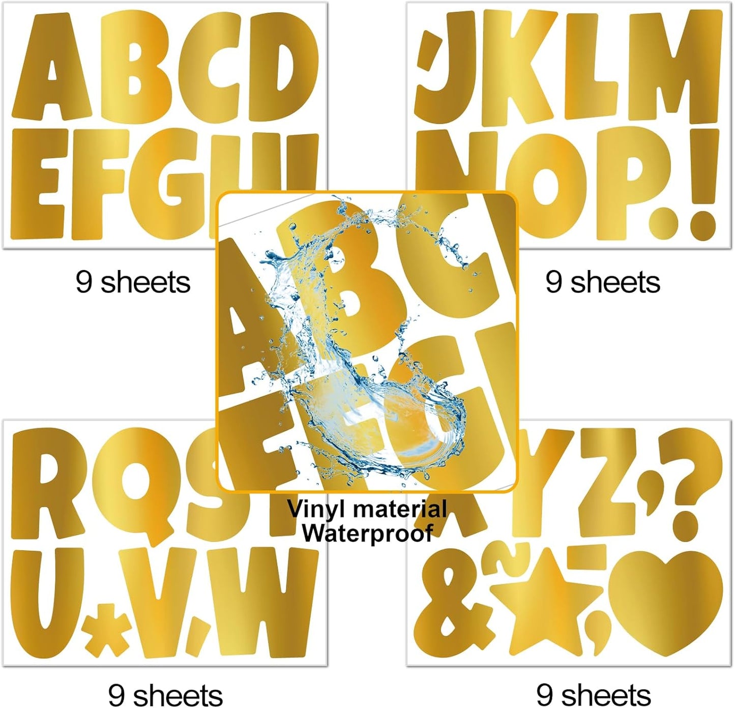 Bemeol Letter Stickers 351 Pieces 4 Inch Bulletin Board Letters Alphabet Cutout Letter for Bulletin Board Display Home Classroom School Decor(Gold)