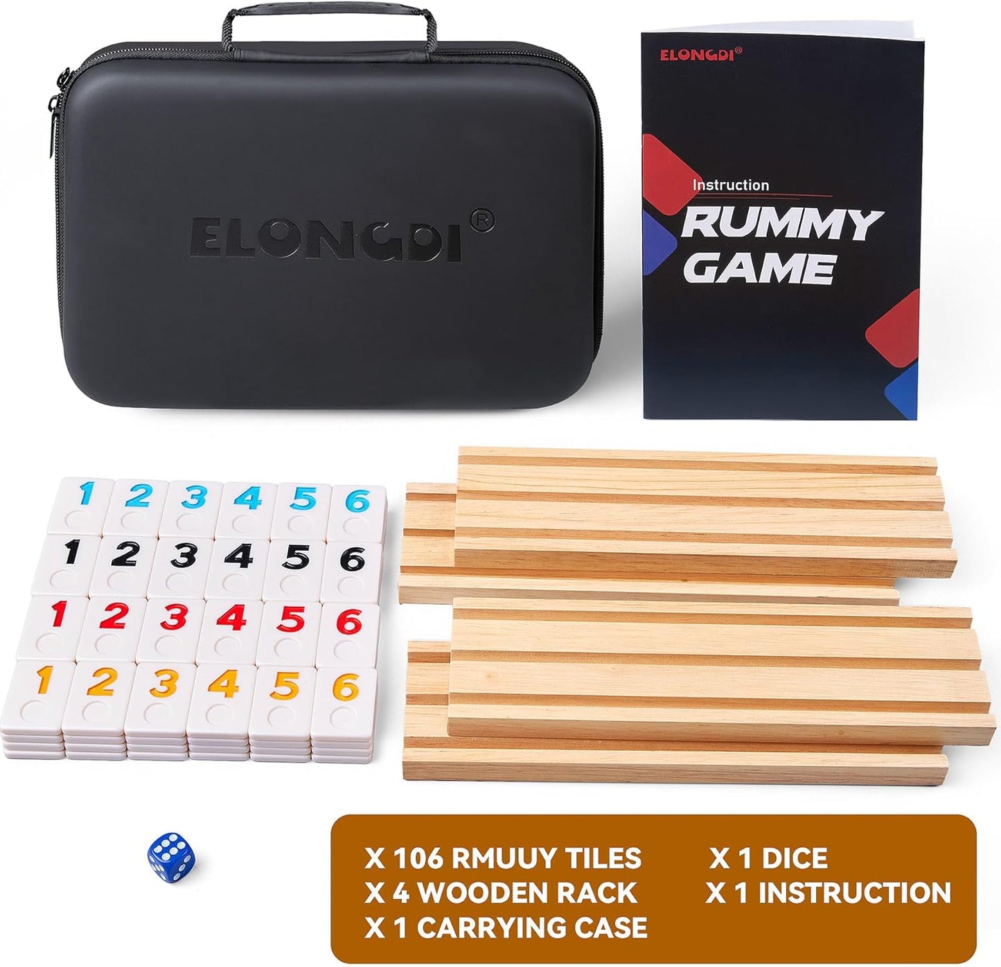 Rummy Cube Game Set with 4 Wooden Racks,106 Rummy Tiles and Portable Case,Classic Travel Board Games for Family Adults and Kids