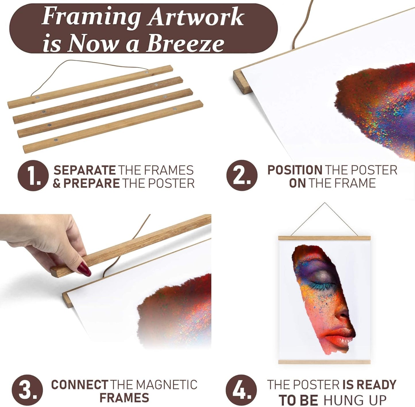 DACRI HOME Magnetic Poster Hanger Frame - Teak Wood, 12 inch Sturdy Magnetic Frame with Strong Magnets for Hanging Posters, Pictures, Scroll Wall Art, 12x16 12x18 12x24, Natural Wood