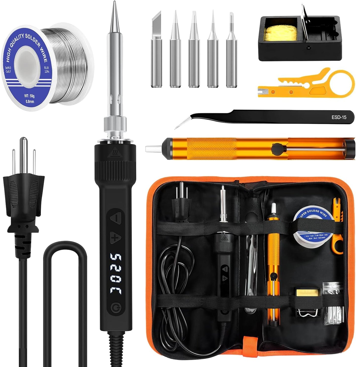 120W LED Soldering Iron Kit, 7s Fast Heating Adjustable Temp 356-968℉ Auto Sleep Precision Welding Gun Tools Electronics Repair with Solder Wire, 5 Soldering Tips, Desoldering Pump, Stand, Tweezers