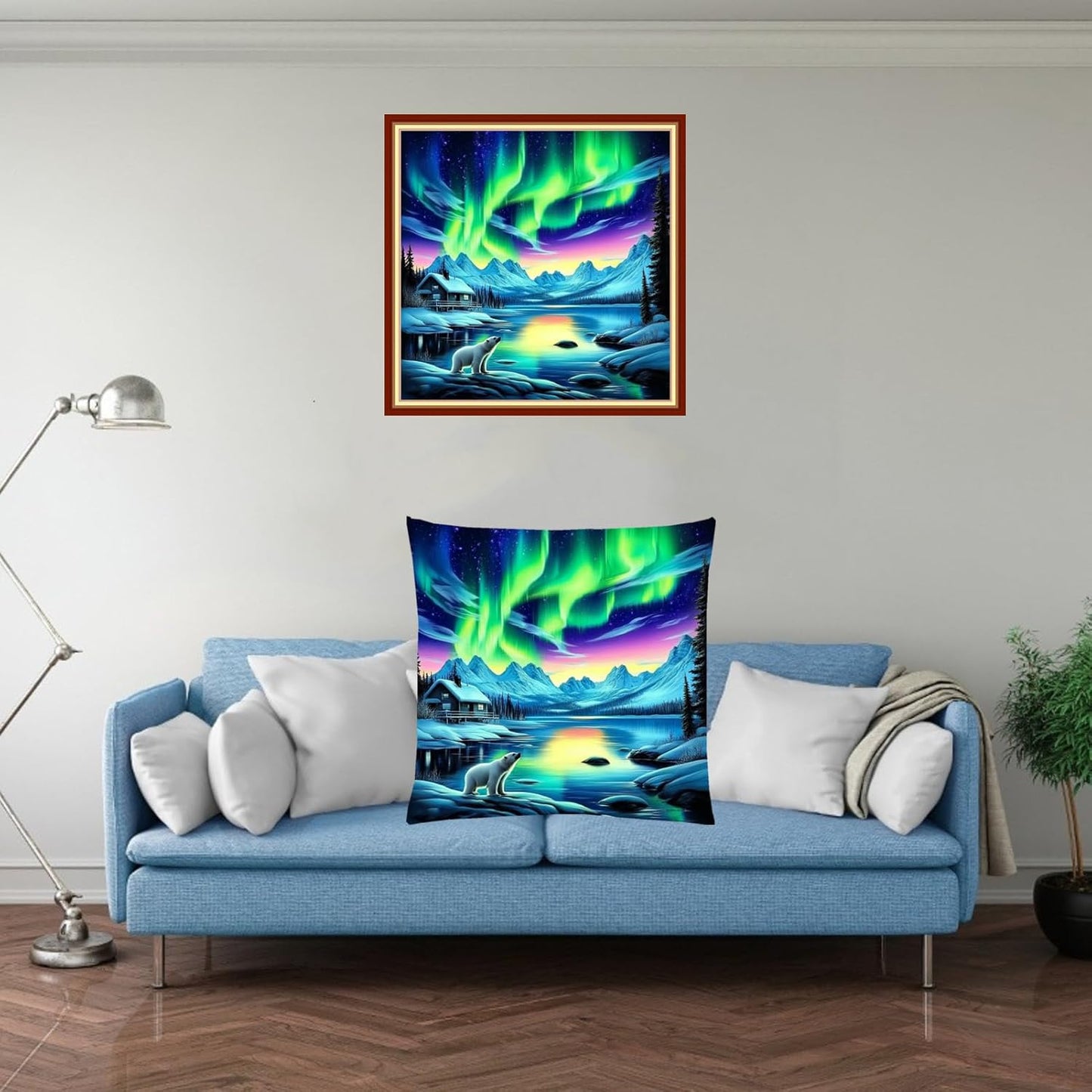 Fanxvivy Stamped Cross Stitch Kits for Adults Beginners Pillow Needlepoint Kit with Embroidery Pattern Needlework Kit Prestamped Stitches Kit 11CT Cross Stitching-Northern Lights Bear 18x18 inch