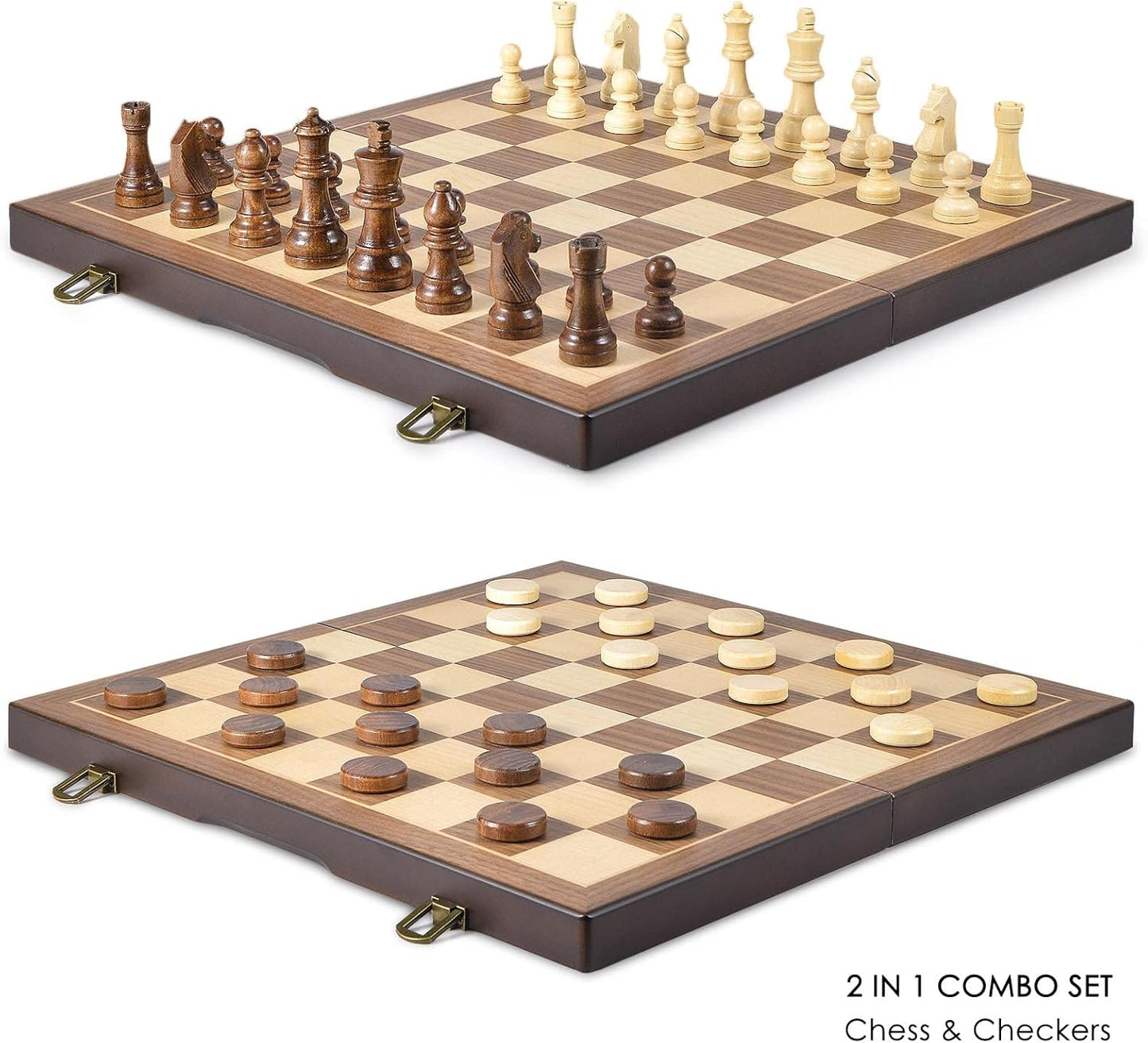 AMEROUS Magnetic Wooden Chess and Checkers Game Set, 15 Inches (2 in 1) Chess Board Games, 2 Extra Queens - Gift Package - Game Pieces Storage Slots, Beginner Chess Set for Kids, Adults