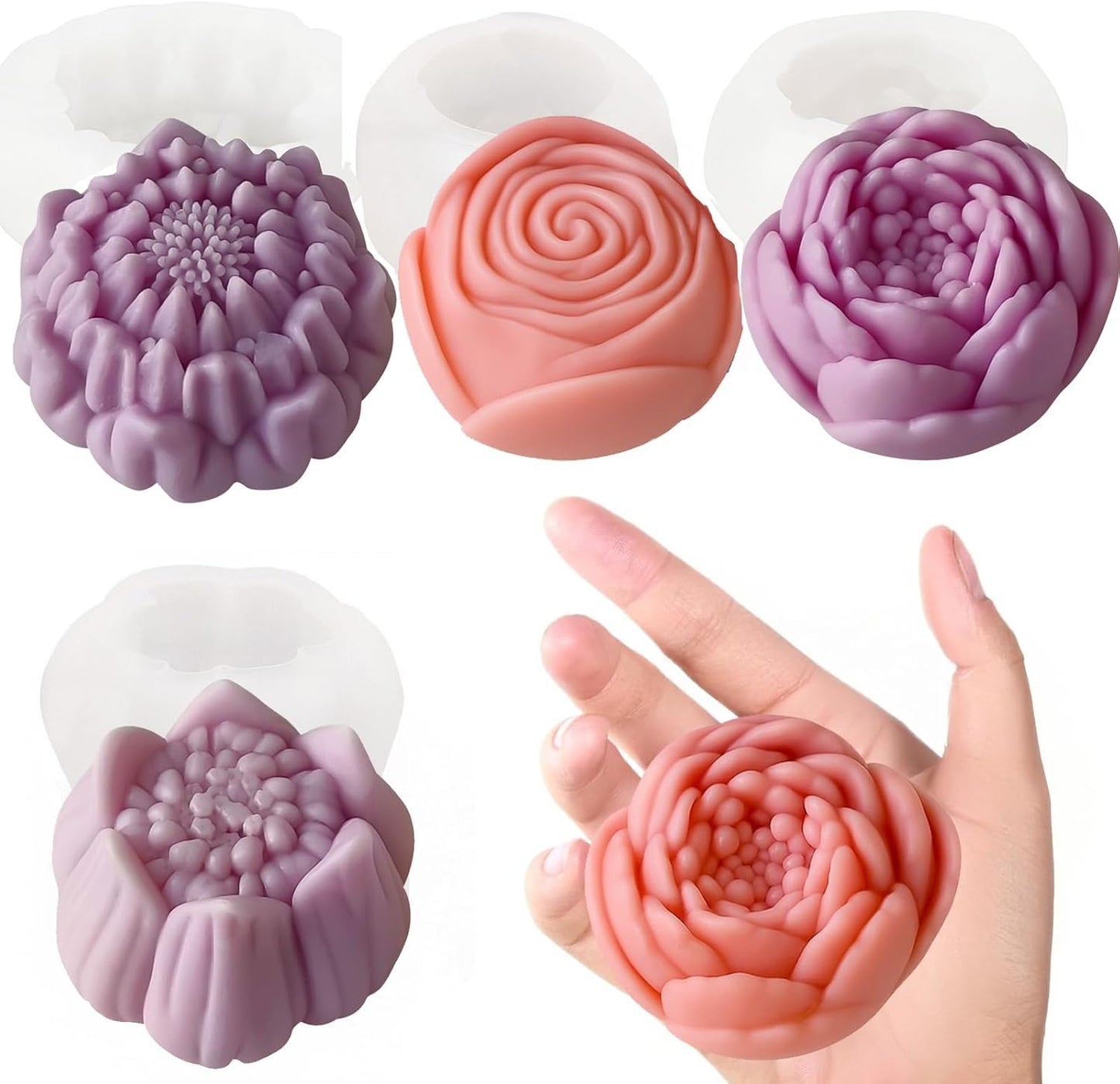 4pcs Large Flower Silicone Candle Molds,Reusable 3D Mold for Soap, Baking, Chocolate, Ice, Wax Resin Crafts, Rose Lotus Hibiscus Peony, Non-Stick, Easy Release Clean, DIY Gift for Bakers