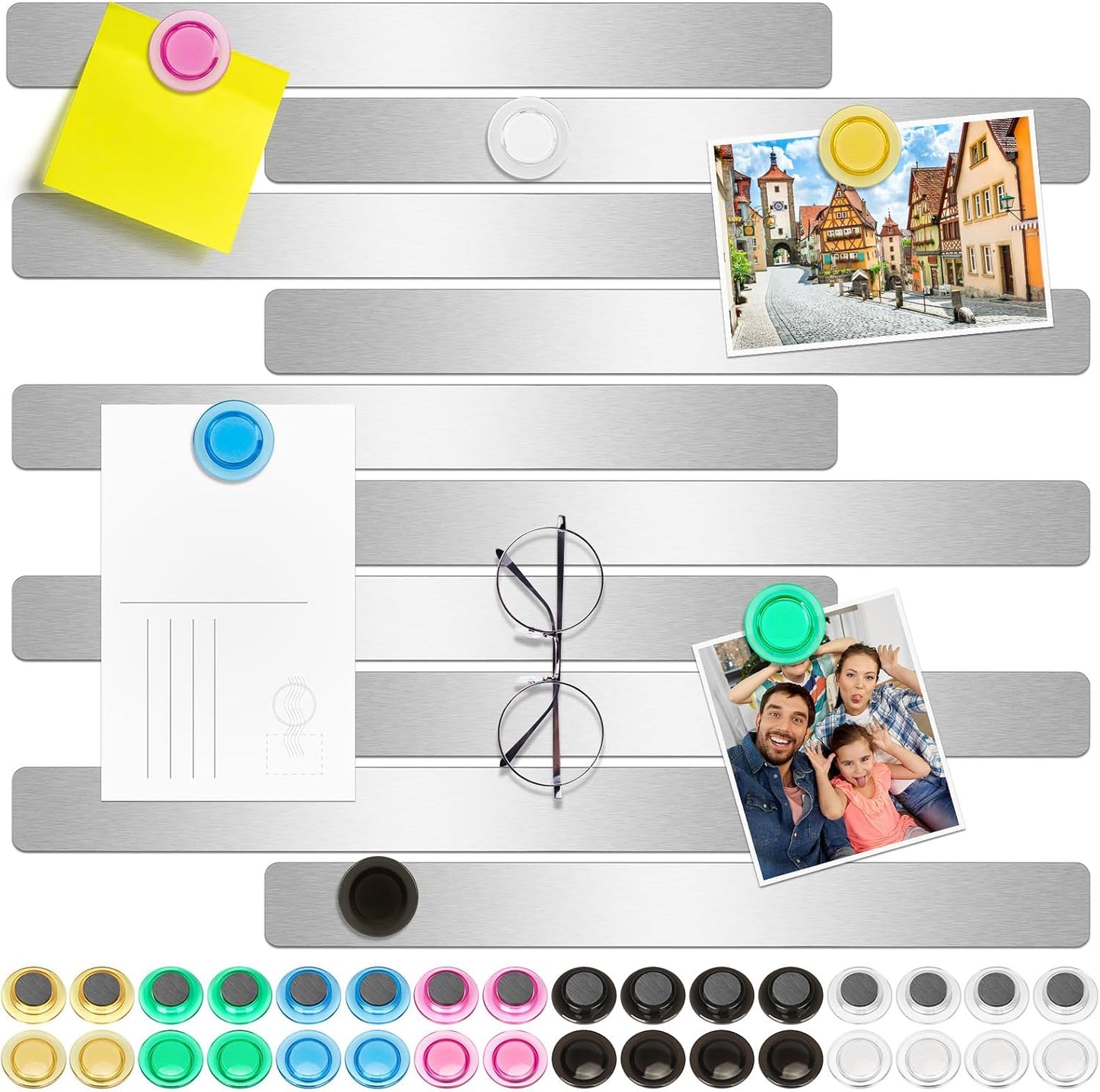 Wukong 10 Pack | 30x3cm(11.81 x 1.18) Magnetic Stainless Silver Boards Strips, Adhesive Backing Bulletin Bar Board, Memo Board with 32Pcs Colorful Magnets for Office, Home, Photo Wall, Documents