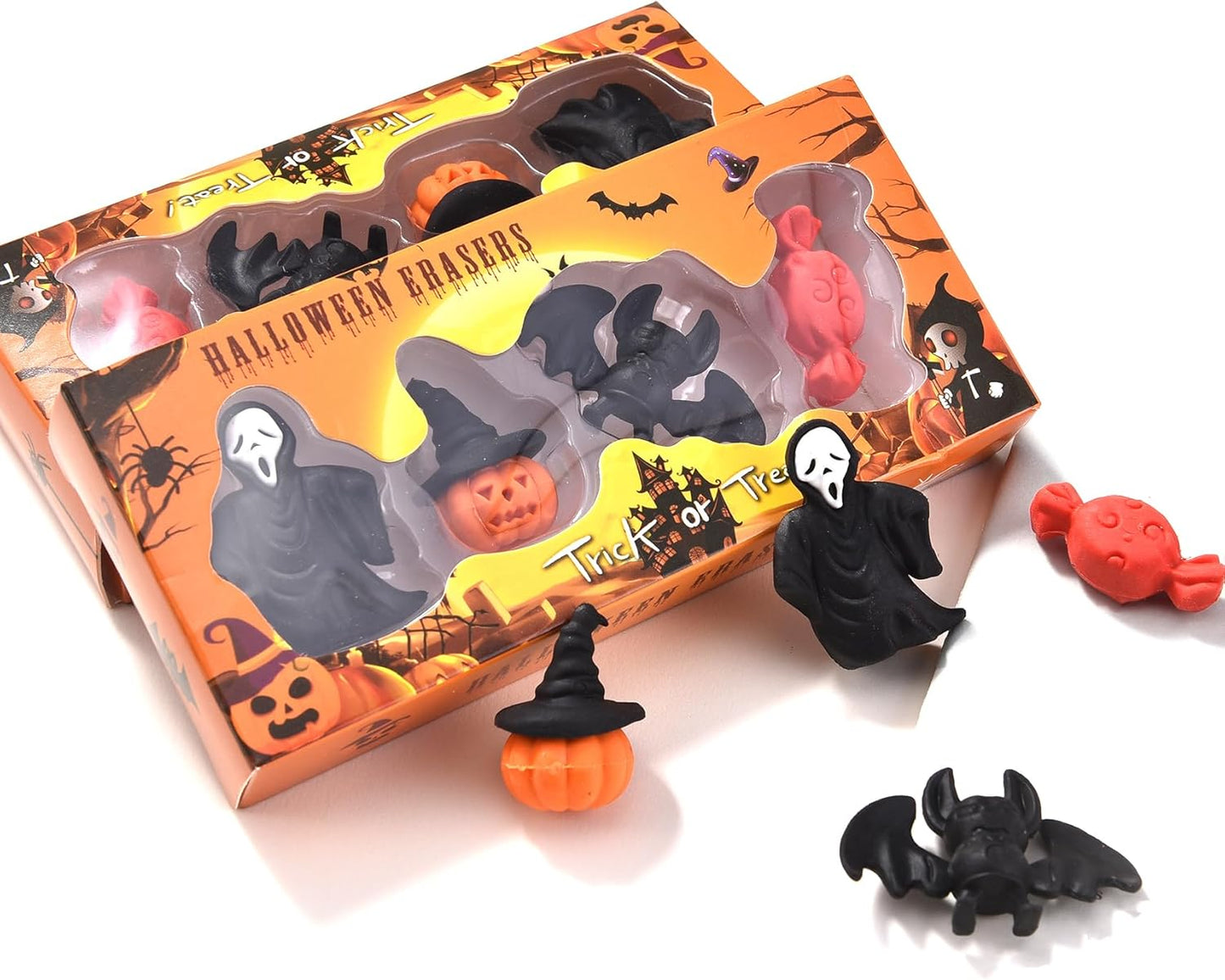 HILAZA 3D Halloween Erasers for Kids, 16Pcs Cute Pumpkin Ghost Bat Erasers Bulk for Goody Bag Filler Gifts Halloween Party Favors