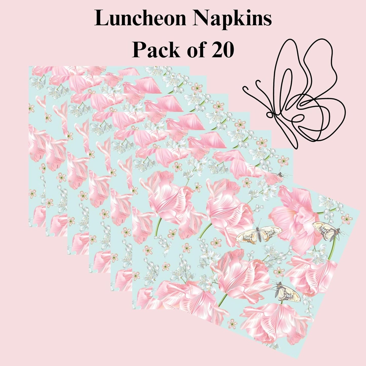 20-ct 13x13 Flowers Paper Luncheon Decoupage Napkins, 3-Ply Servilletas Printed Flower Pink Tulips Cocktail Napkin for Art, Dinner and Party, Disposable Napkins Decor
