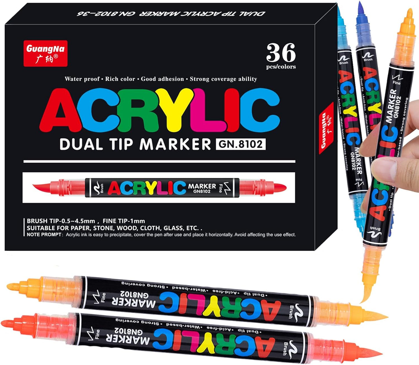 Guangna 36 Colors Acrylic Paint Markers, Dual Tip Paint Markers Pens Set with Soft Brush Tip, Multifunctional Fine Tip Markers for Wood,Canvas,Rock Painting, Glass, Diy Crafts Art Supplies, Waterproof