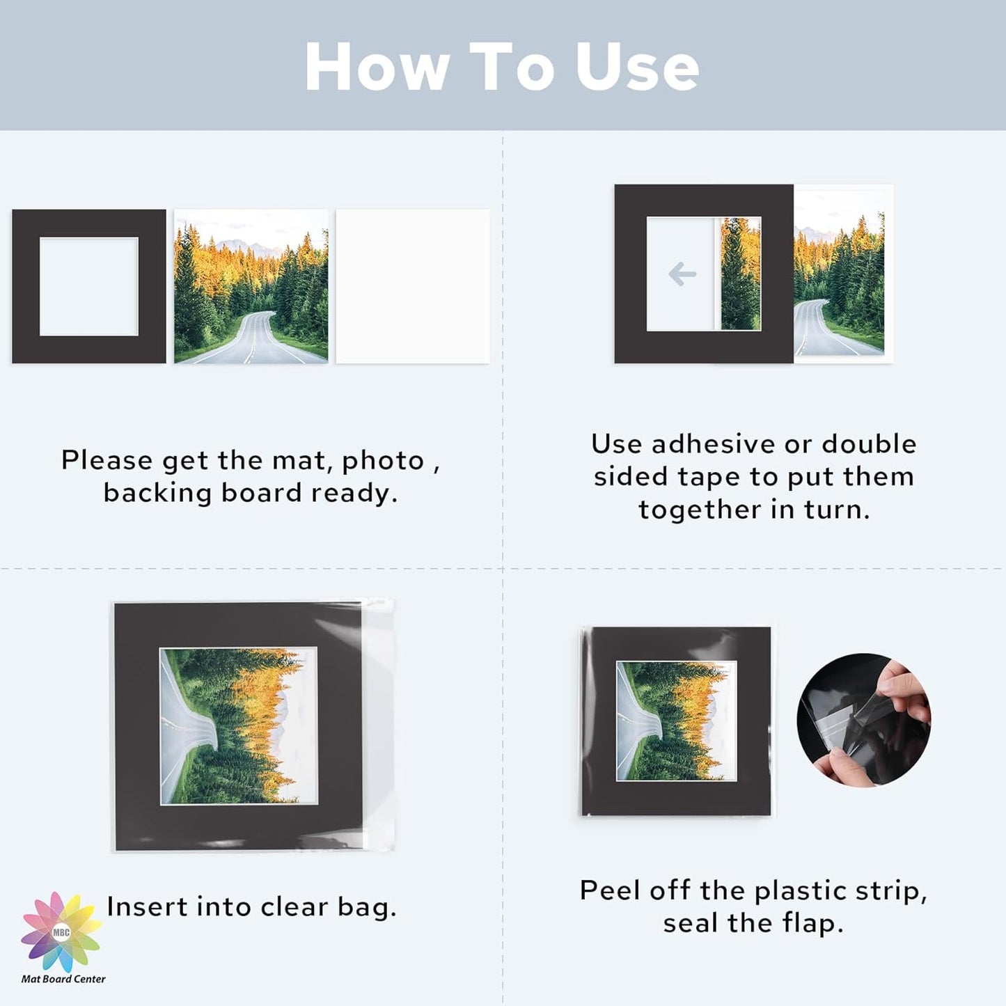 Mat Board Center, Pack of 10, 12x12 for 8x8 Black Mat Kit - Acid Free, 4-ply Thickness, White Core - Includes Backing Boards and Clear Bags - for Pictures, Photos, Framing