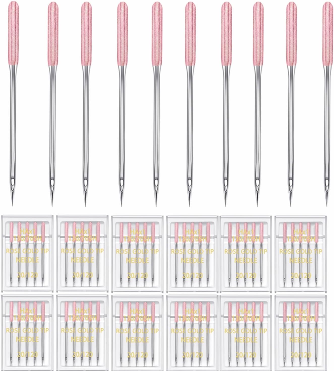 HONEYSEW 60 Pieces Sewing Machine Needles Universal Regular Point Machine Needles for Home Sewing Machine Compatible with Singer, Brother and Old Sewing Machine (Rose Gold,Size 20-60PCS)