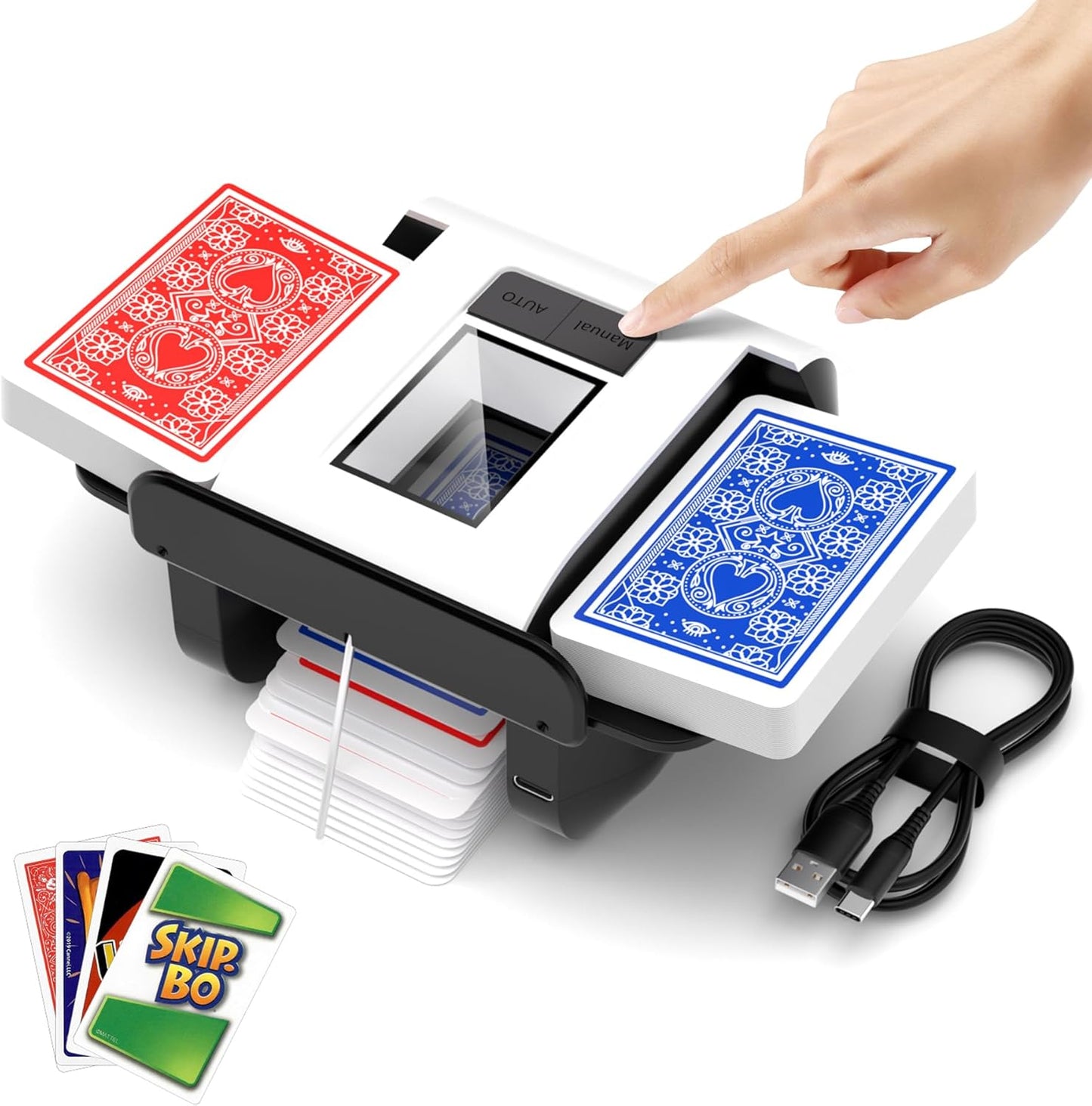 Automatic Card Shuffler, Rechargeable Cards Shuffler Machine with AUTO & Manual Mode, 1-2 Decks Low Noise Electric Shuffling Machine for Poker, UNO, Texas, Blackjack, Skip-Bo, Bridge, Phase 10