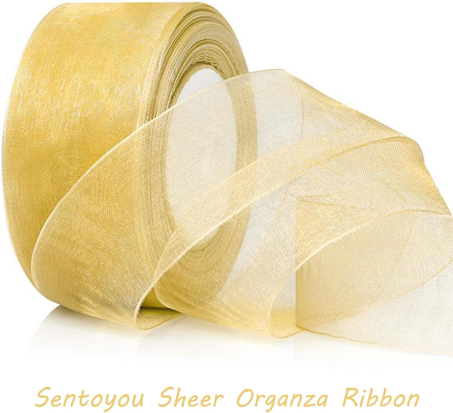 Gold Ribbon for Gift Wrapping, 1 inch 50Yard Sheer Organza Ribbon for Flower Bouquet, Golden Gifts Wrap Chiffon Ribbons for Fathers Day, Crafts, Christmas, Wedding, Birthday Party Decoration
