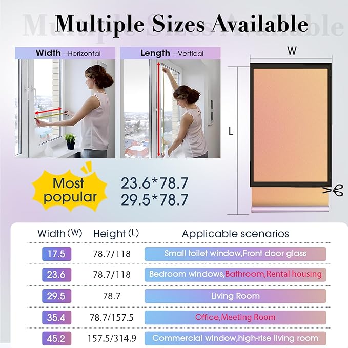 Coavas Stained Glass Window Privacy Film Rainbow Frosted Decorative Static Clings, Opaque Iridescent Prism Window Decals, Sun Blocking Anti-Glare Door Coverings(23.6 x 393.7 Inch, Colorful)