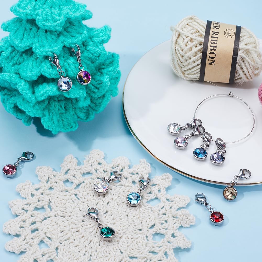 SUNNYCLUE 1 Box 12pcs Knitting Stitch Markers Knitting Crochet Markers Rhinestone Crystal Brirthstone Charms Crochet for Weaving Sewing Needleworks DIY Craft Gift Supplies
