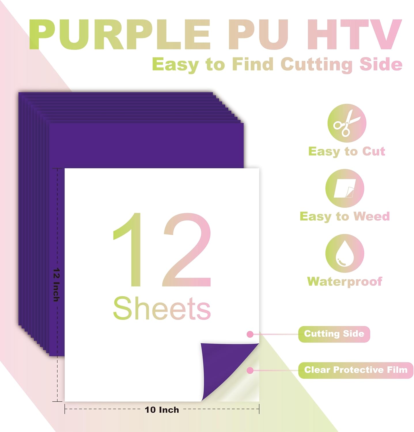 Purple PU Heat Transfer Vinyl, 12 Pcs 12"x10" HTV Sheets – Soft & Stretchable Iron-On Vinyl, Easy to Cut & Weed, Compatible with Cricut & Silhouette – Great for DIY Family Shirts & Crafts