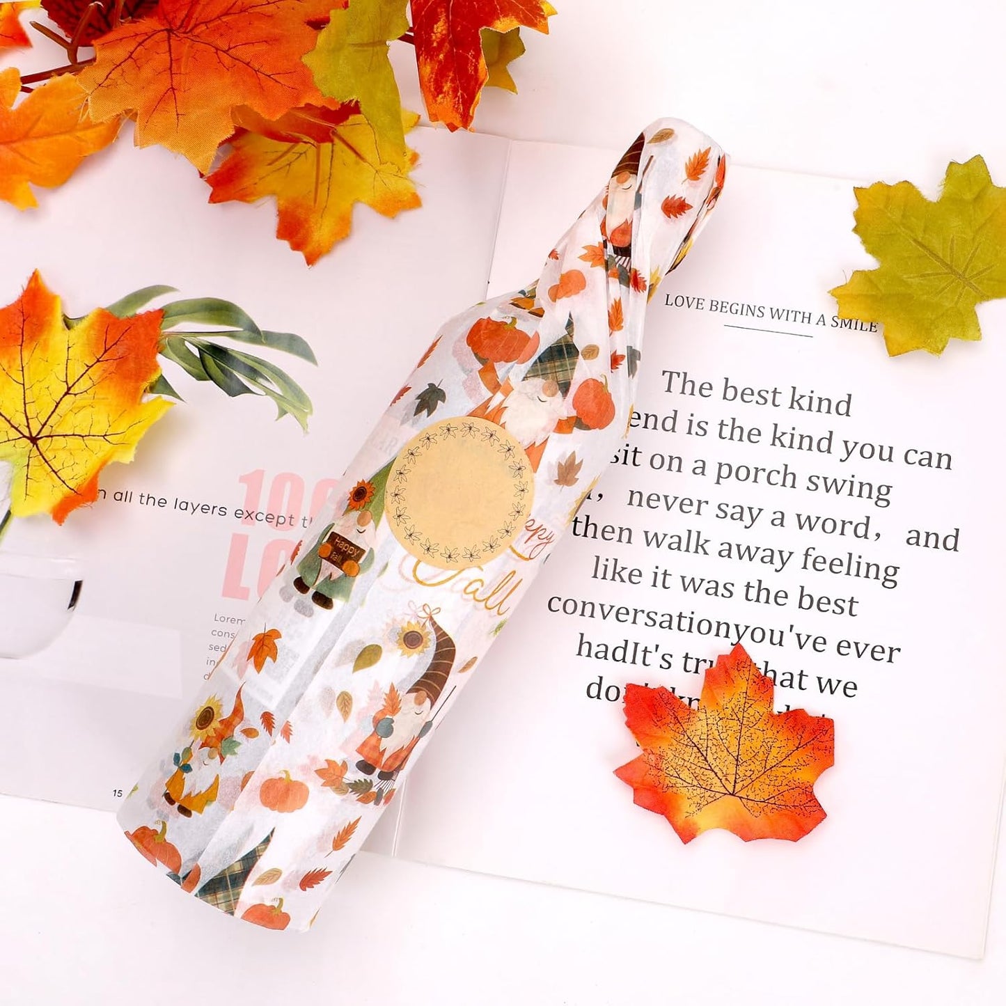 Azurestore 60 Sheets Fall Tissue Paper, Orange Gnomes Patterns Gift Tissue Paper for Gift Bags & Gifts Wrapping, Pumpkin Leaves Print Art Packaging for Autumn Harvest Thanksgiving Party Decor Craft