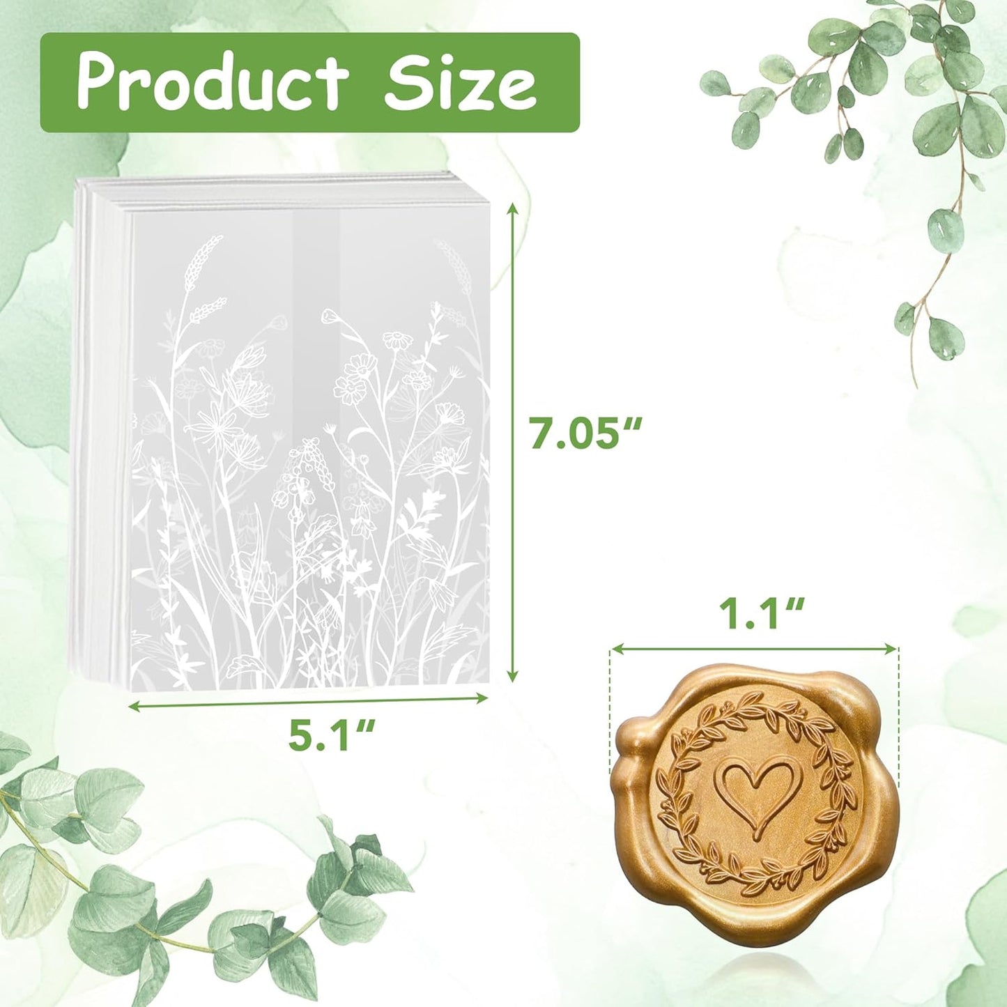 SWANGSA 50 Sets Wedding Invitations Wraps, Vellum Jackets for 5x7 Invitations & Self Adhesive Antique Gold Heart Wax Seal Stickers for Wedding Bridal Baby Shower Birthday Envelopes (White Wildflower)