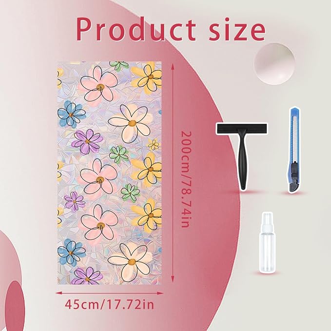Daisy Flower Stained Glass Window Film Static Cling with Tools - 17.5 x 78.7 Inch Non-Adhesive Privacy Decorative Cute Rainbow Film for Windows, Doors, Sidelights - Easy Install & Remove