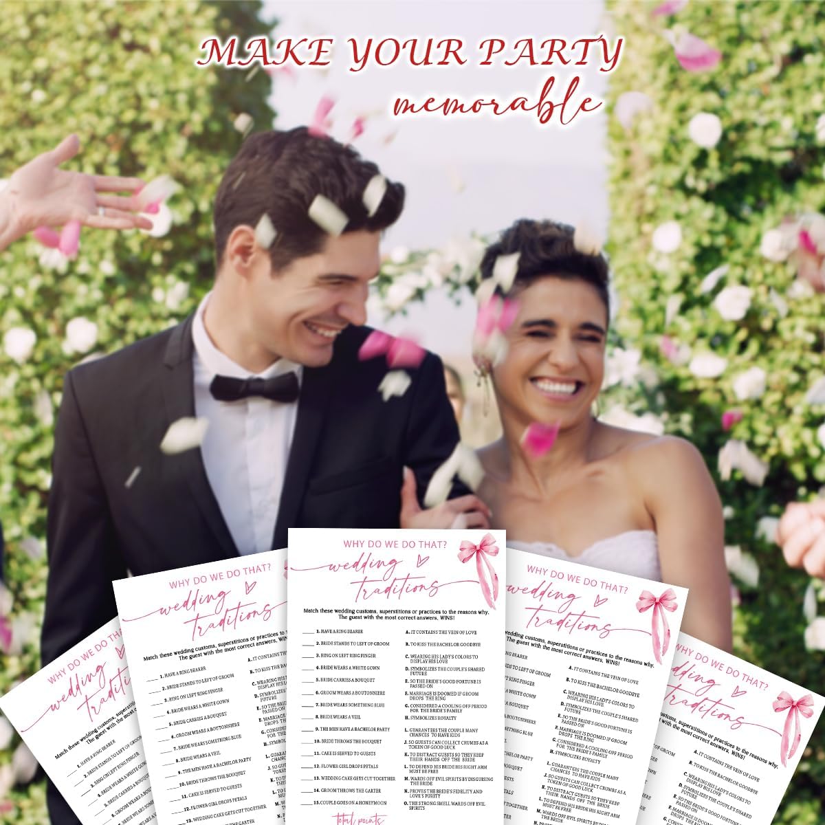 Bridal Shower Games Cards, Wedding Traditions Why Do We Do That, 25 Cards with 1 Answer Card, Engagement Party Games for Guests, Pink Ribbon Bow Wedding Party Supplies - E08