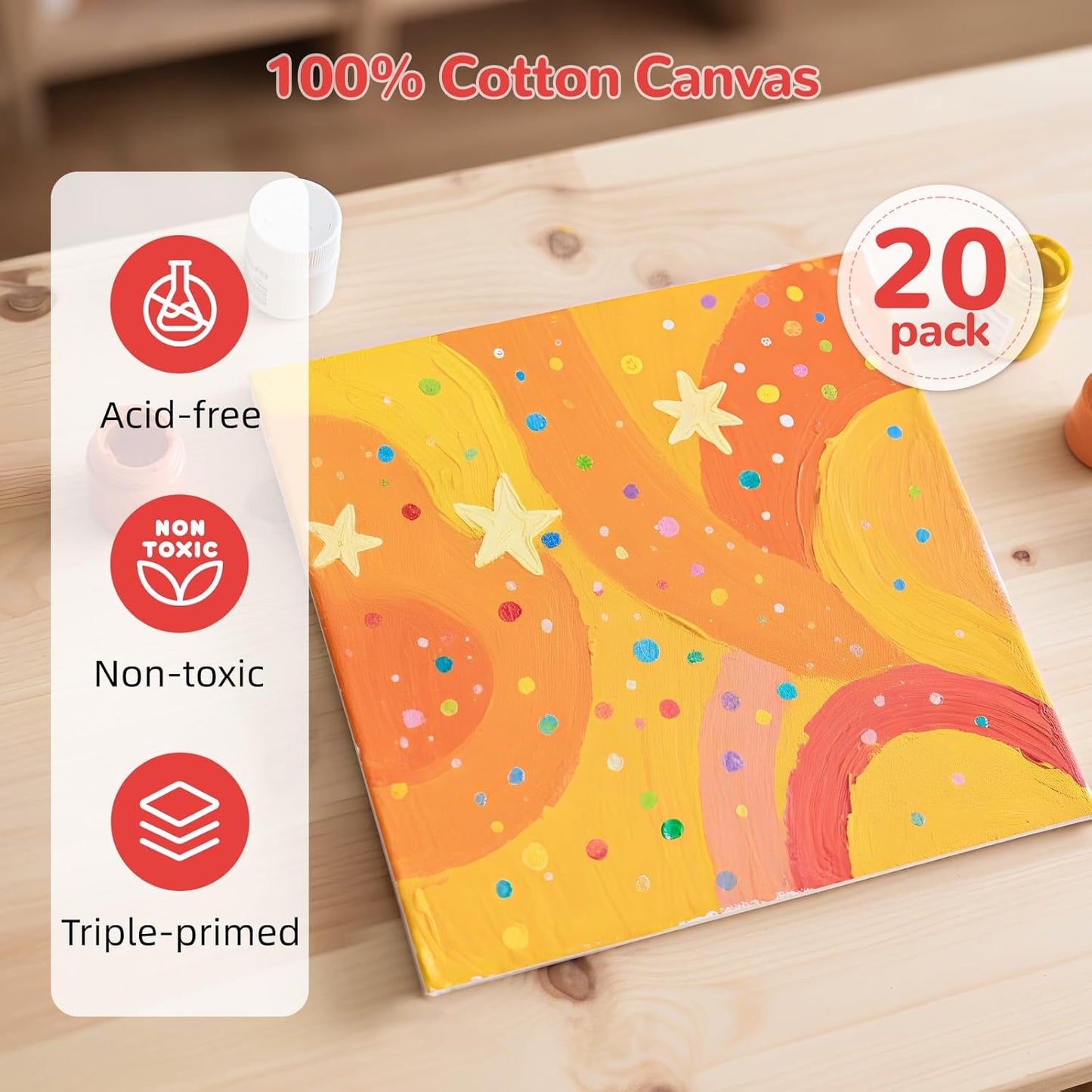 Flat Canvas Boards 20 Pack, 12x12 Inch Cotton Painting Canvas Panels White Blank for Acrylics Oil Watercolor Tempera Paints