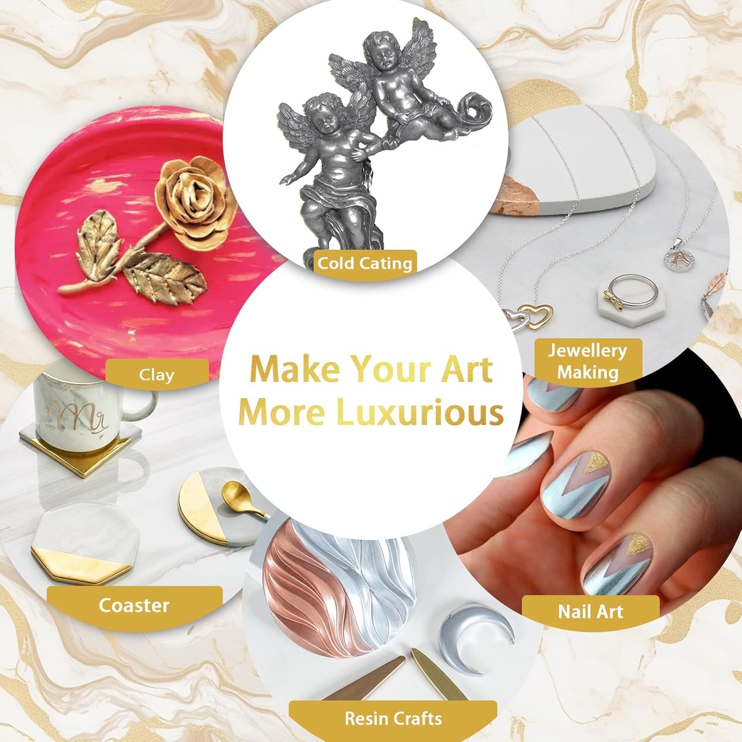 Renfio Metallic Pigment Powder, 5 Colors Gold Mica Powder for Resin, 6 X 20ml Metal Powder, Resin Color Pigment, Color Pigment for Epoxy Resin, Kintsugi, Polymer Clay, Candle Dye