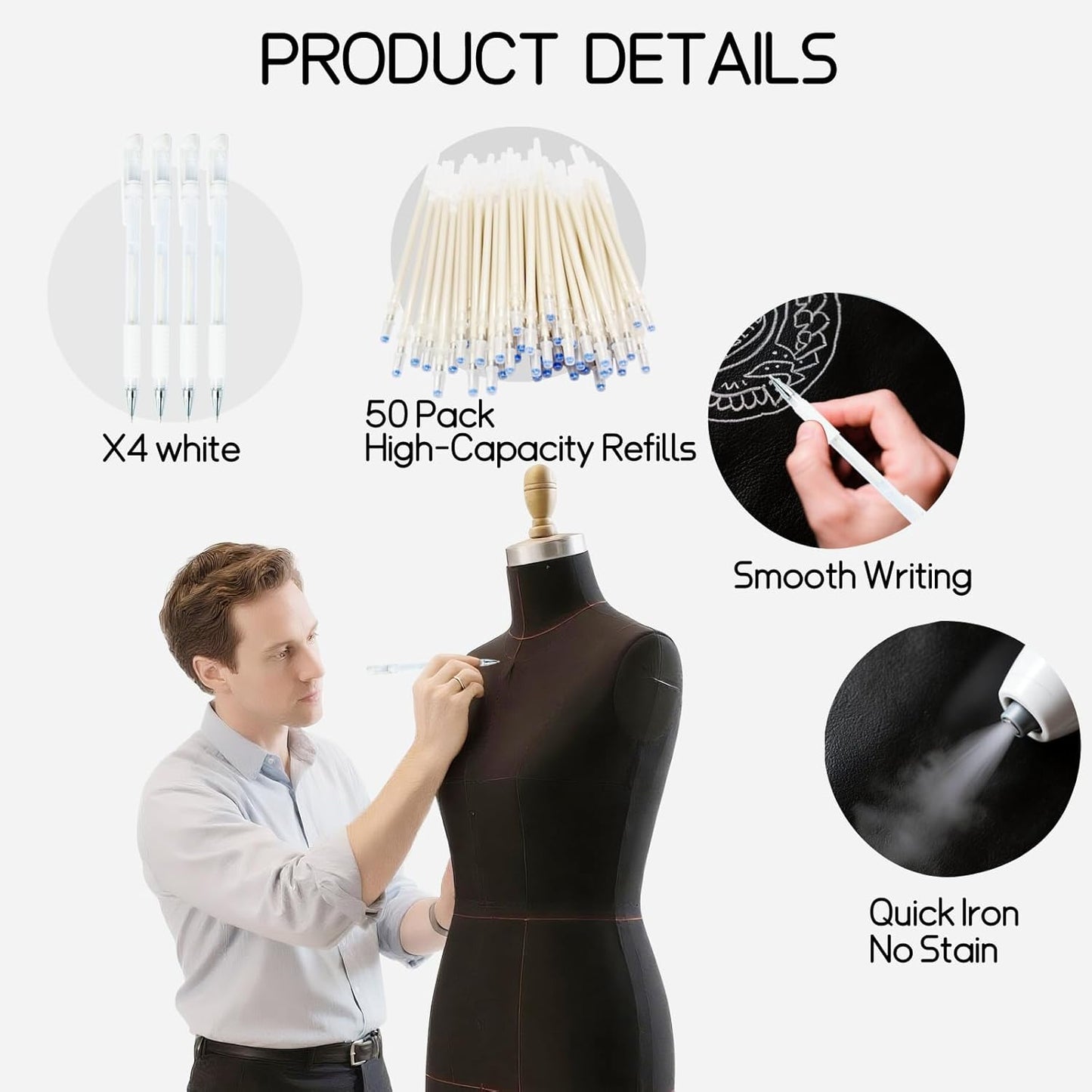 Heat Erasable Fabric Marking Pens for Sewing & Quilting | 4 White Pens + 50 White Refills | Disappearing Ink for Precise Marking, Sewing Supplies, Embroidery, DIY | Extra High Capacity