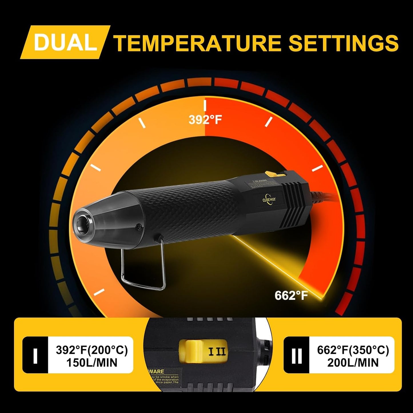 Mini Heat Gun with 6.56FT Long Cable, CUBEWAY 350W Dual-Temp 392~662°F Heat Shrink Gun with Reflector Nozzle and Shrinking Tubes for Wire Connectors, Small Hot Air Gun for Embossing Crafts