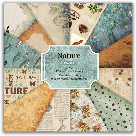 Vintage 6x6 Inch Scrapbook Paper Pad, Single-Sided 12 Unique Nature Designs, Ideal for DIY Crafting, Card Making and Journaling - 24 Sheets