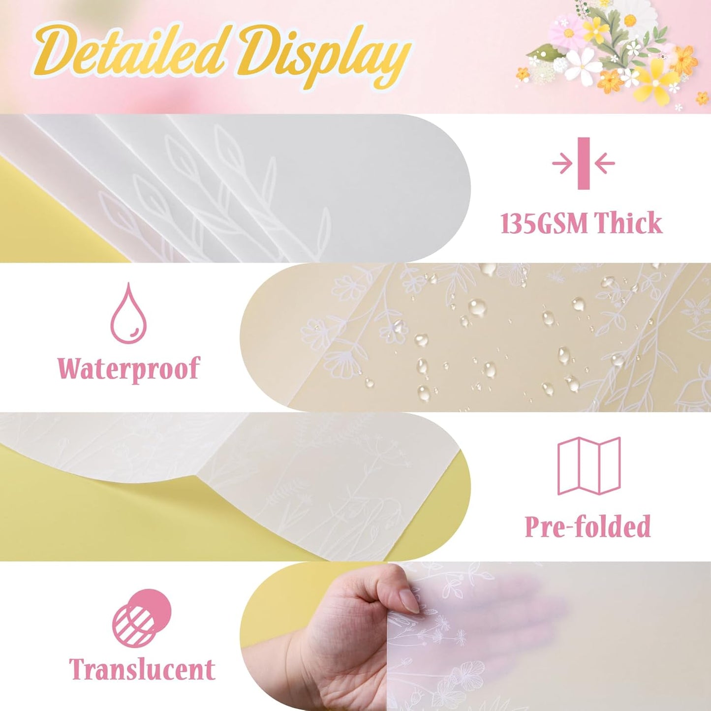 HAUTOCO 100 Pack Vellum Jackets for 5x7 Invitations, Pre-Folded Translucent 135GSM Vellum Paper Wraps, White Flower Envelope Liners Wedding Invitations Accessories