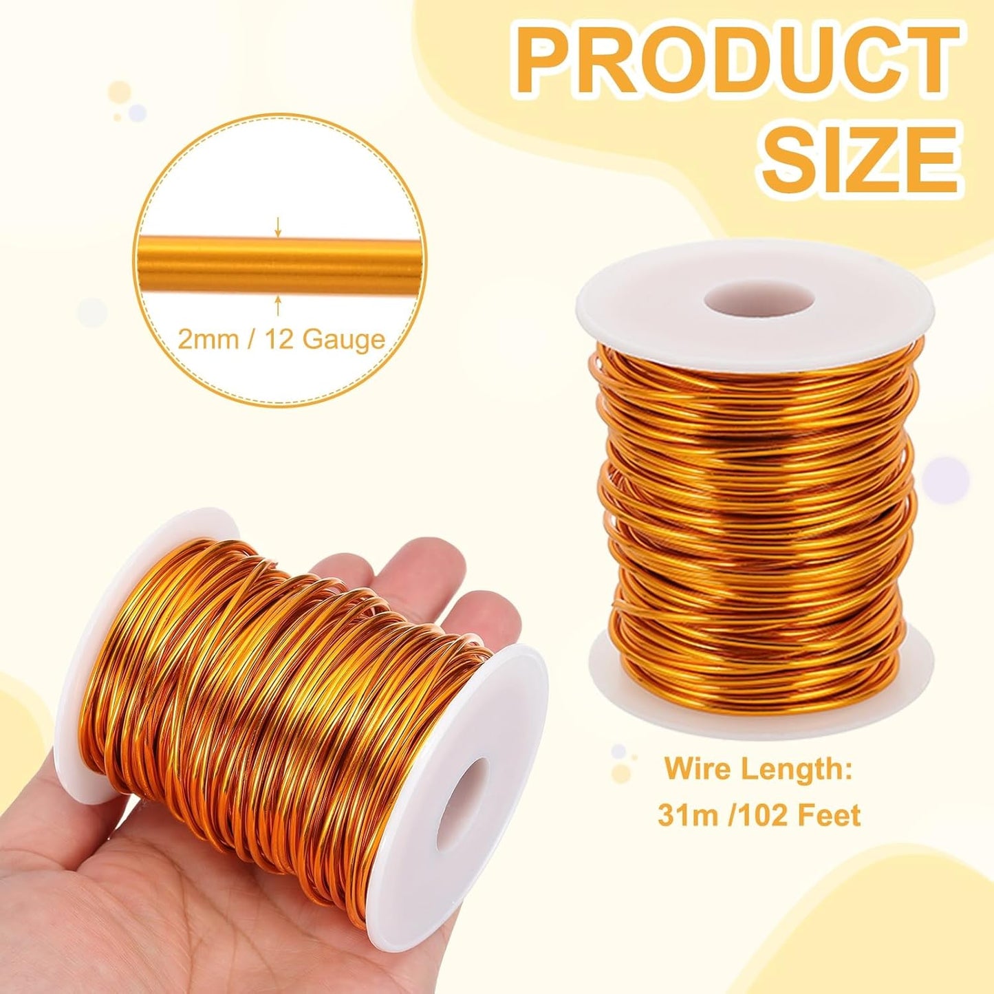 uxcell 12 Gauge / 2mm Anodized Aluminum Wire for Jewelry Craft Making, 102 Feet Bendable Flexible Wire for DIY Home Decor Gardening Sculpture, Gold
