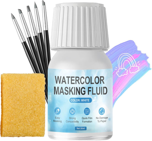 WANJAO Masking Fluid for Watercolor Painting, Liquid Masking Tape with Silicone Pens Cleaning Brush for Painting Fast Drying Easy Peel Use to Art Watercolor Supplies Retouching Covering, 30ml White