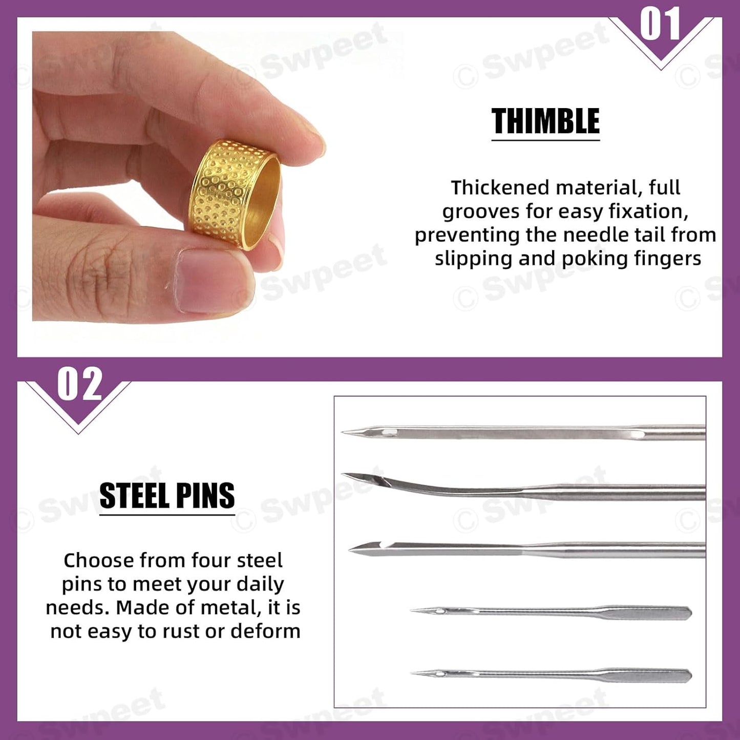 Swpeet 10Pcs Portable Copper Handle Canvas Leather Sewing Awl Needle and 3 Colors Nylon Waxed Thread Cord with Thimble Assortment Kit, Leather Sewing Tools for Canvas, Shoe and Leather Repair