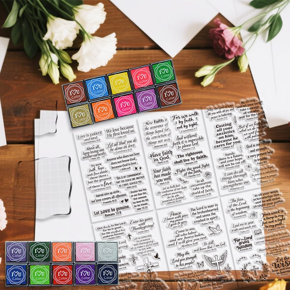 6 Pcs Christian Bible Verse Clear Stamps for Card Making Supplies 20 Craft Ink Pad 3 Acrylic Stamp Block Silicone Stamp with Bless Words Rubber Stamps for Crafting DIY Scrapbooking Journal