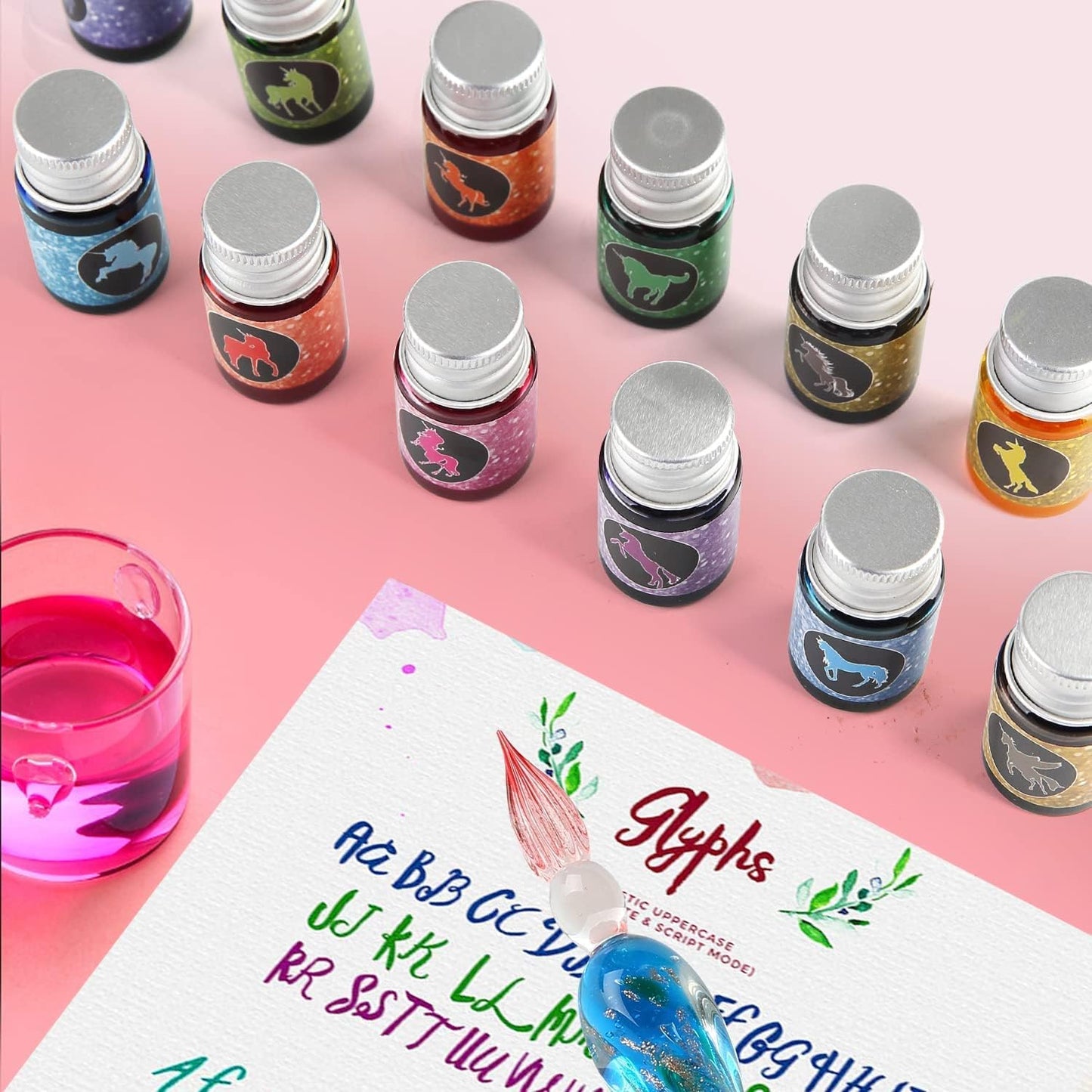 mancola Glass Dipped Pen Ink Set Handmade Crystal Calligraphy Pen with 12 Colorful india ink for Art, Signatures, Drawing, Decoration, Calligraphy Kits for Beginners Ma-13