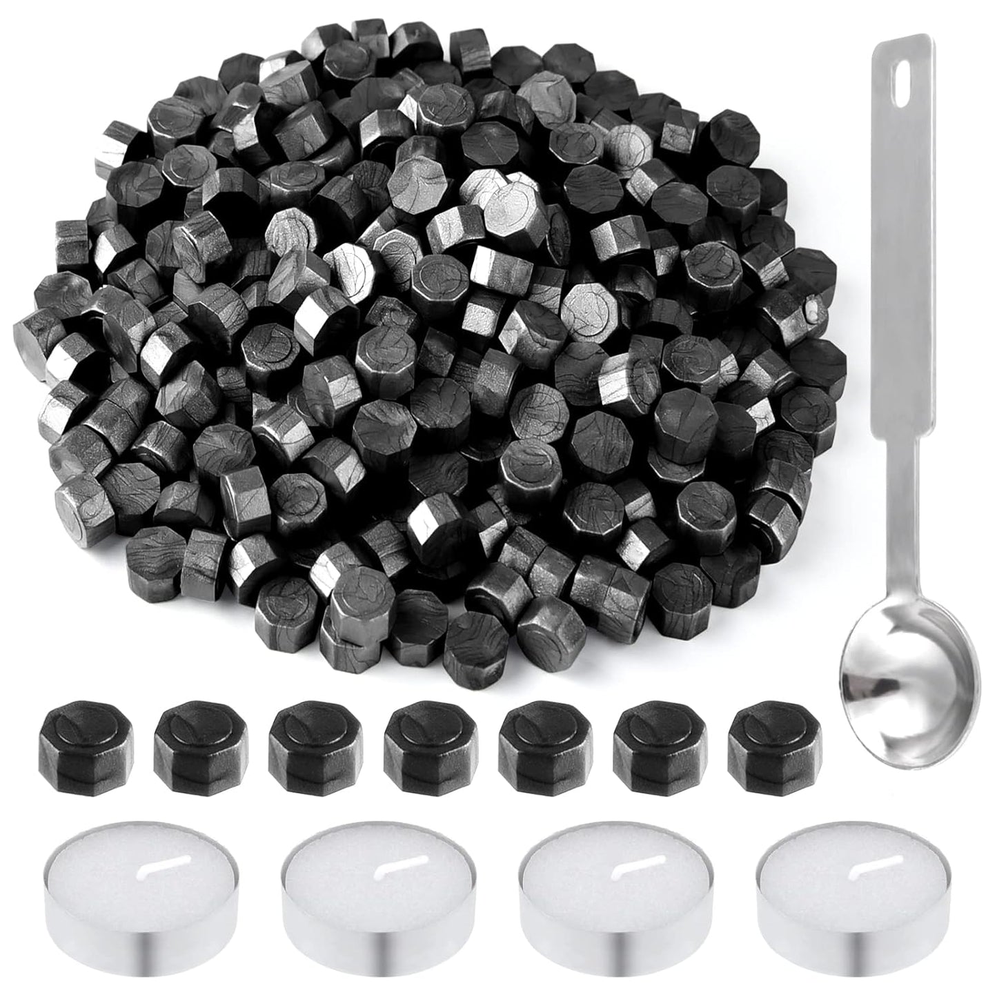 500 Pcs Octagon Sealing Wax Beads Black Wax Seal Beads with 4 Pcs Tea Candles and 1 Pcs Wax Melting Spoon for Crafts Letter Wine Greeting Cards Sealing