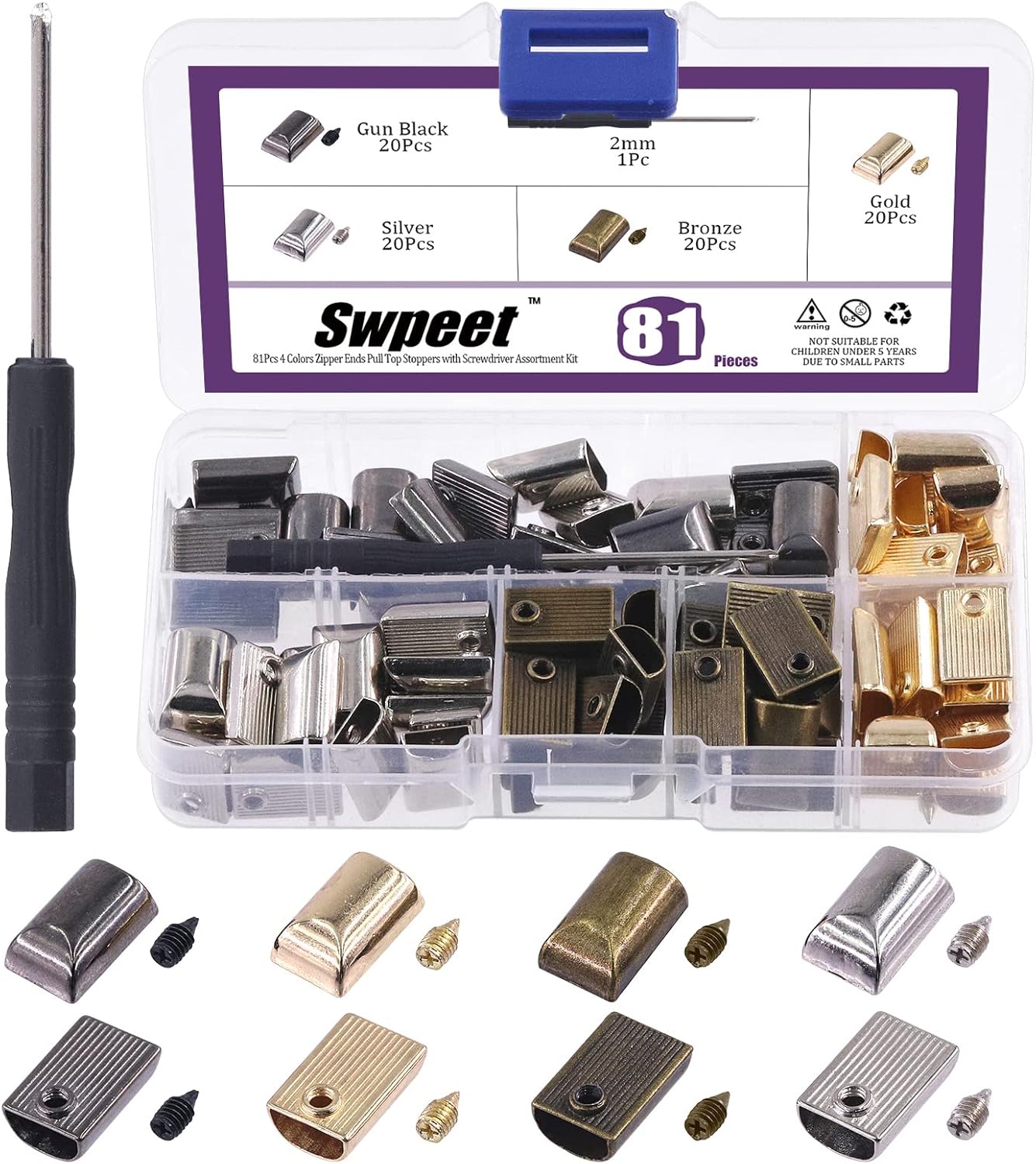 Swpeet 80 Sets 4 Colors Alloy Rectangle Metal Zipper Stopper and Screw Bottom Repair Replacement with Screwdrive Assortment Kit, Zipper Ends Pull Top Stoppers Tail Clip Repair Pull End Tips