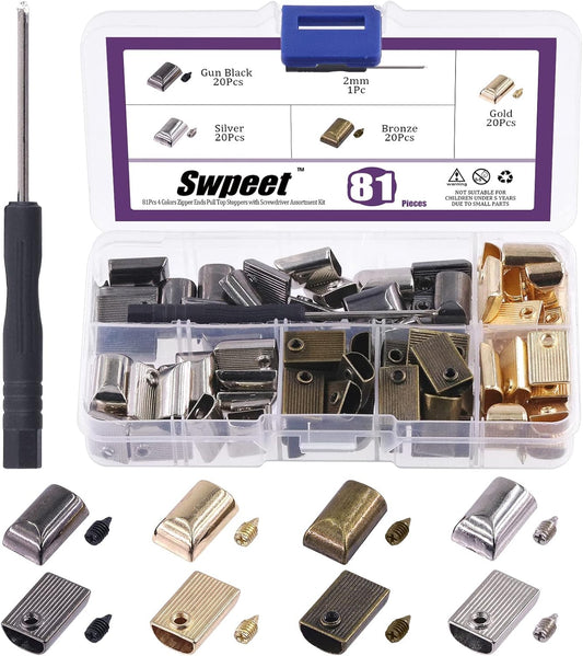 Swpeet 80 Sets 4 Colors Alloy Rectangle Metal Zipper Stopper and Screw Bottom Repair Replacement with Screwdrive Assortment Kit, Zipper Ends Pull Top Stoppers Tail Clip Repair Pull End Tips