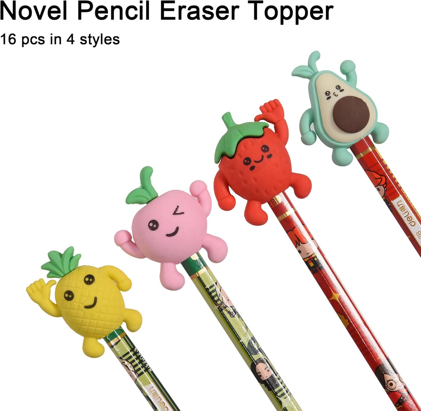 HILAZA 16Pcs Pencil Top Erasers for Kids, 3D Cute Fruit Pencil Toppers, Bulk Fun Pencil Cap Easters for School Classroom Supplies Prize Gifts Party Favors