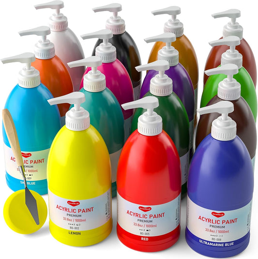 15 Colors Large Acrylic Paint Set (33.8 oz,1000 ml) Art Painting Bulk Supplies for Multi Surface Canvas Wood Leather Fabric Rock Craft, Non Toxic Paint for Kid & Adult with Pump, Color Wheel