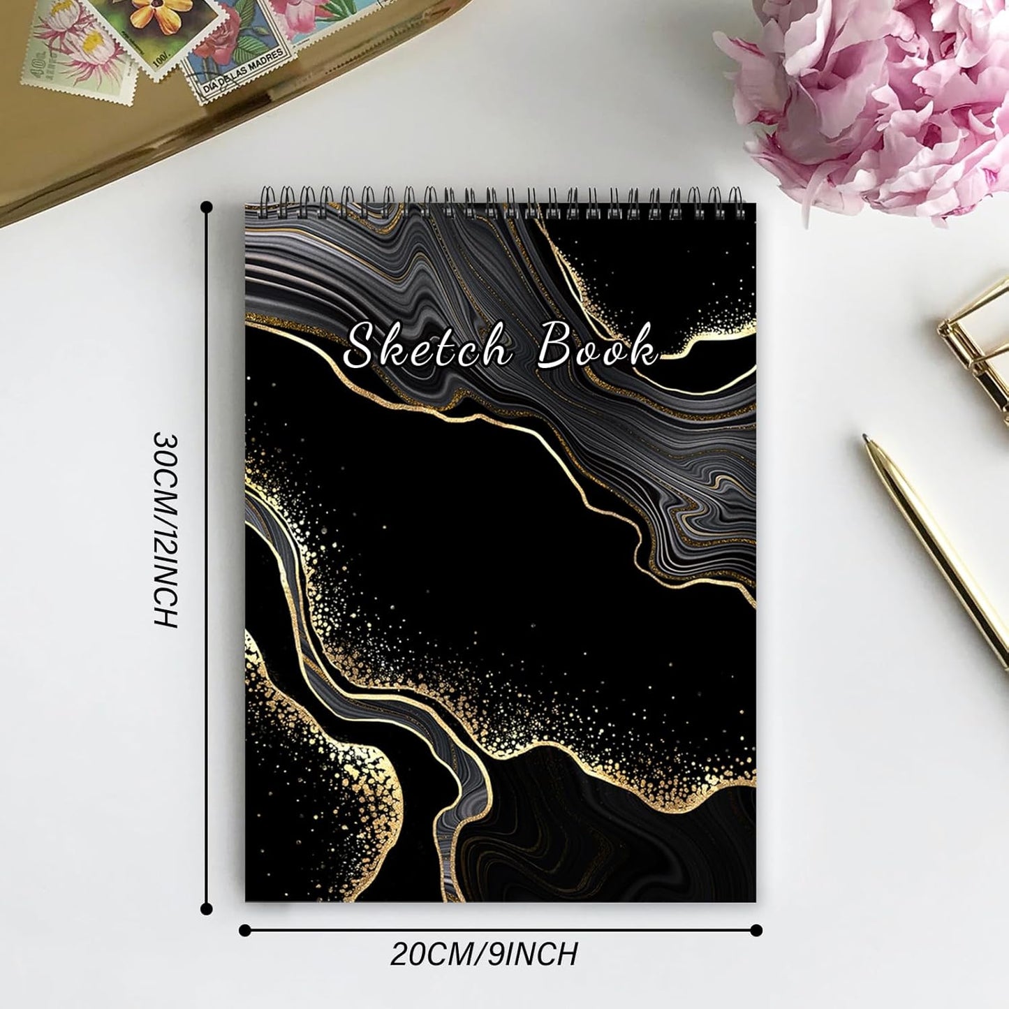 Deokke Sketchbook Top Spiral Bound Sketch Pad, 9 x 12 inch,100GSM Thick Paper,50 Sheets 100 Pages,Art Sketch Book Aesthetic Cute Drawing Writing Paper,for Girls Women-Black Marble