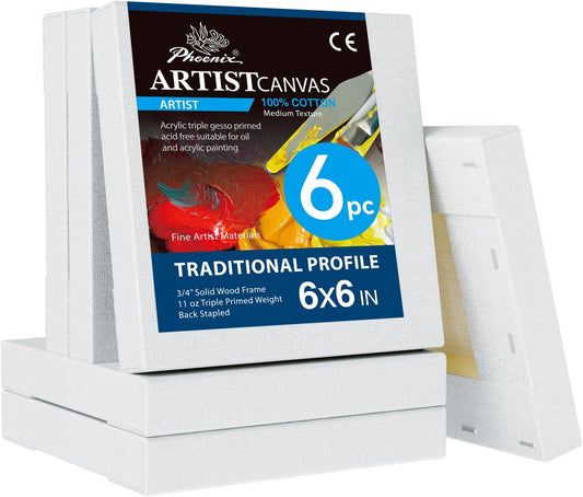 PHOENIX 6x6 Inch 6 Pack Artist Canvas - Small Square Stretched Canvases for Painting - 3/4 Inch Profile, 100% Cotton 11 Oz. Gesso Primed White Blank Professional Canvas Oil & Acrylic Paints