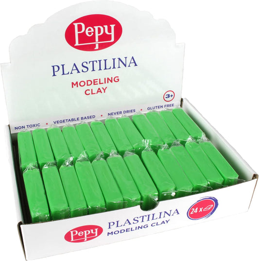 Pepy Plastilina Reusable and Non-Drying Modeling Clay; Set of 24 Bars, 1.4 Ounce Each, Perfect for Arts and Crafts Projects, Light Green