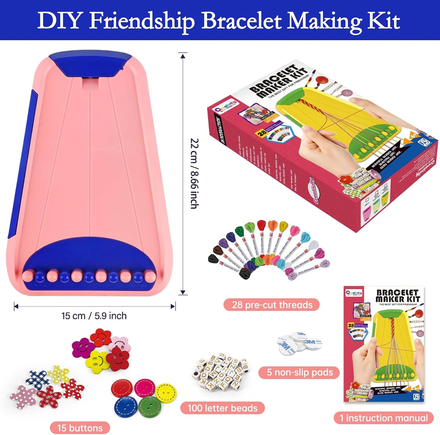Rdfmy Friendship Bracelet Making Kit for Girls, Arts and Crafts Bracelets String Maker Kit for Kids Ages 8-12 Christmas Birthday Gifts Pink with Blue