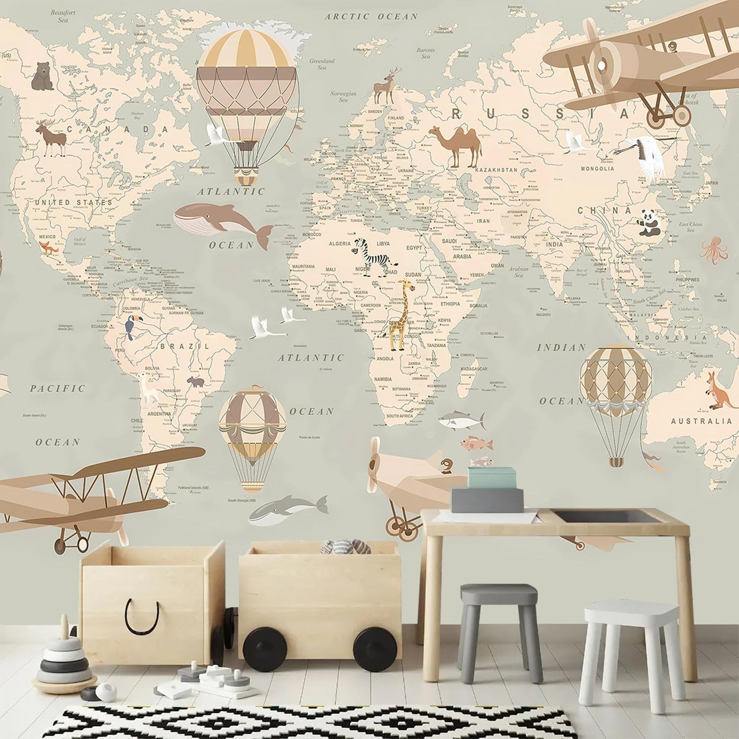 AFZEVEB-Vintage Animal Wallpaper Cartoon Aircraft Map Wall murals for Kids Room 114"x74"(Not Peel and Stick)