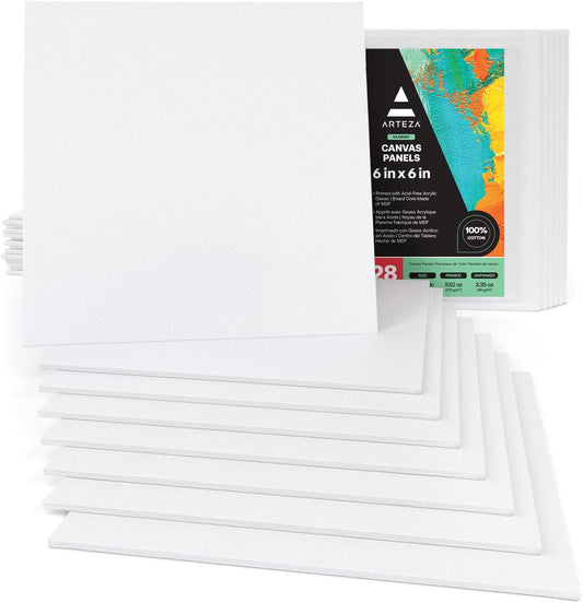 ARTEZA Canvas Boards for Painting, 6 x 6 Inches, Pack of 28, Blank White Small Canvas Panels for Acrylic, Oil and Gouache Painting