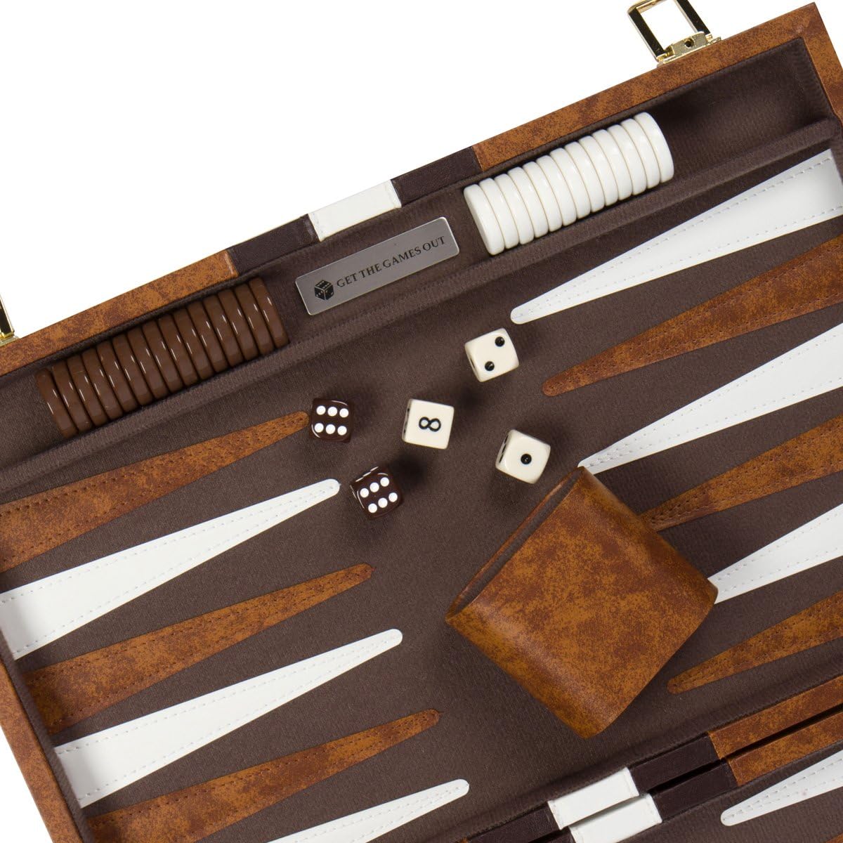 Get The Games Out Backgammon Set for Travel - Small Classic Board Game Case with Strategy Guide & 15 Game Pieces (Brown)