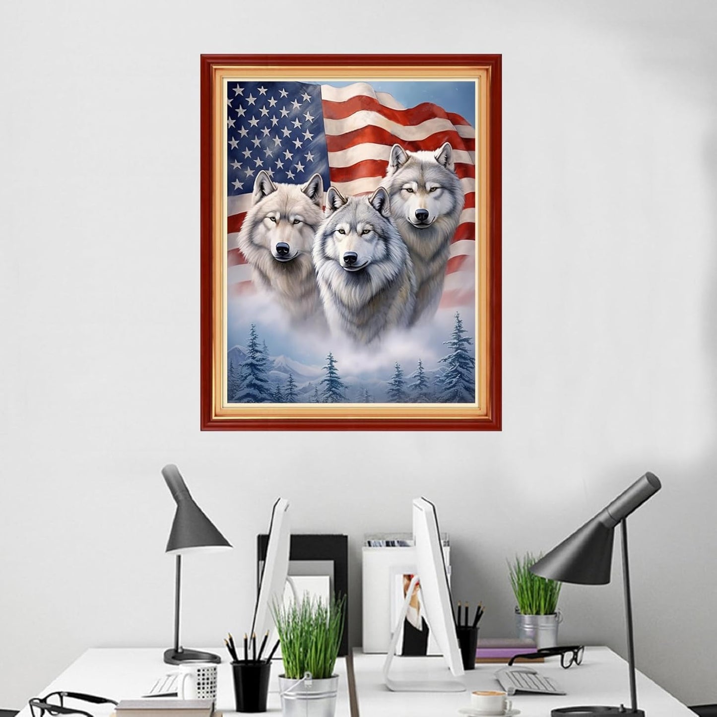 Foxhool Beginners Cross Stitch Kits Stamped Full Range of Embroidery Kits for Adults DIY Cross Stitches kit Embroidery Patterns for Needlepoint kit-Flag Wolf 16x20 inch