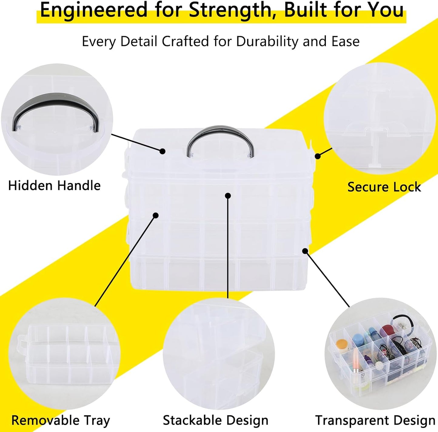 30 Grids Clear Plastic Organizer Box with Dividers, 3 Tier Stackable Compartment Storage Container for Crafts, Art DIY, Jewelry