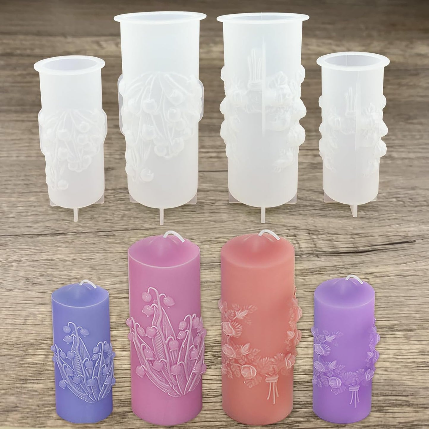 Flower Pillar Candle Molds 4pcs Rose Lily of The Valley Cylinder Silicone Molds for Candle Making Soaps Resin Clay Decoration Crafts DIY (Style -1)